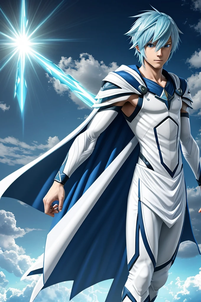 A LEGENDARY POKÉMON humanoid male physically similar to Gallade, majestic and similar to Arceus with white and light blue colors , with a short tunic with a cape, with blue eyes and light blue hair