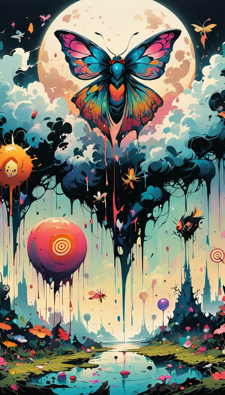 high resolution, high quality , masterpiece .Surrealist ink painting,Colorful, Elements of absurdity and depravity,Ross Chen (ross tran) style of,以燃烧的纸币For reference,Robbie Dewi Antono (Roby Dwi Antono) For reference, ,Moth,Target, mistake, Ghostly Entity Rises Into Neo-Traditional Ink-Dripping Sky, The chiaroscuro lighting enhances the symbolism of death,pill, A moon adorned with eyes that exude breath,Atmosphere. Dark horror style, Disturbing, Crazy Art Conspiracy,inauspicious.