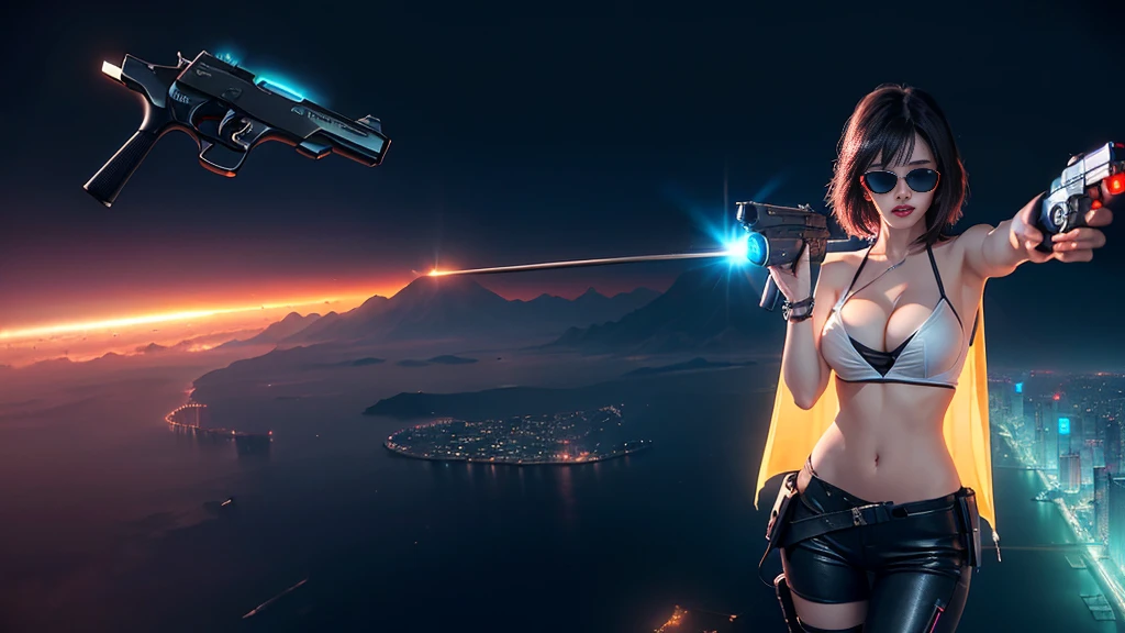 At night, dark sky, aerial view of cyberpunk city, ((flying vehicle)). (1girl, solo), photo realistic, medium-breast:1.1 slim body, cleavage, sexy clothes, (black sunglasses), (((hip-up standing aiming pistol pose))), half-body thigh level medium shot, cinematic lighting.