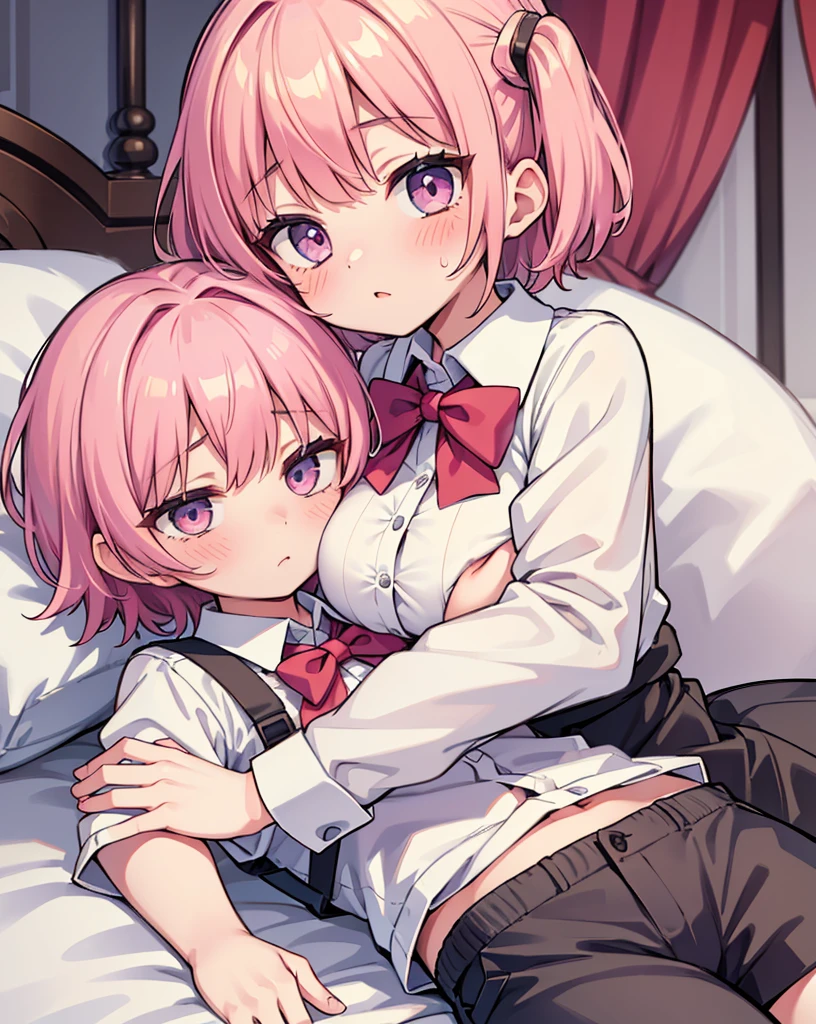 masterpiece, Highest quality, so beautiful, absurdists,High resolution,One girl, One boy,Cuddling in bed, like,sexly,Look at each one, blush,Age difference,bow tie,blondes,chest,Long Hair,Pink Hair,Tucked in shirt,short hair,skirt,Tent shirt,Slut,Big breasted sister and brother,Siblings,Trousers with bulging crotch,Pushing her big tits against her brother,My brother's penis erect in his trousers,My brother's small erect penis