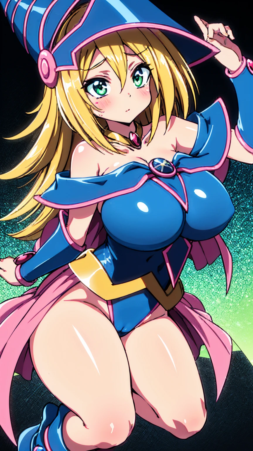 Black Magician Girl、Huge breasts、Thick thighs、blonde、magic circle、8K, 4K, Highest quality, High resolution: 1.2),Wink、Expose one breast、Cute anime face、Pink blush on cheeks、Noise Reduction、Tight leotard