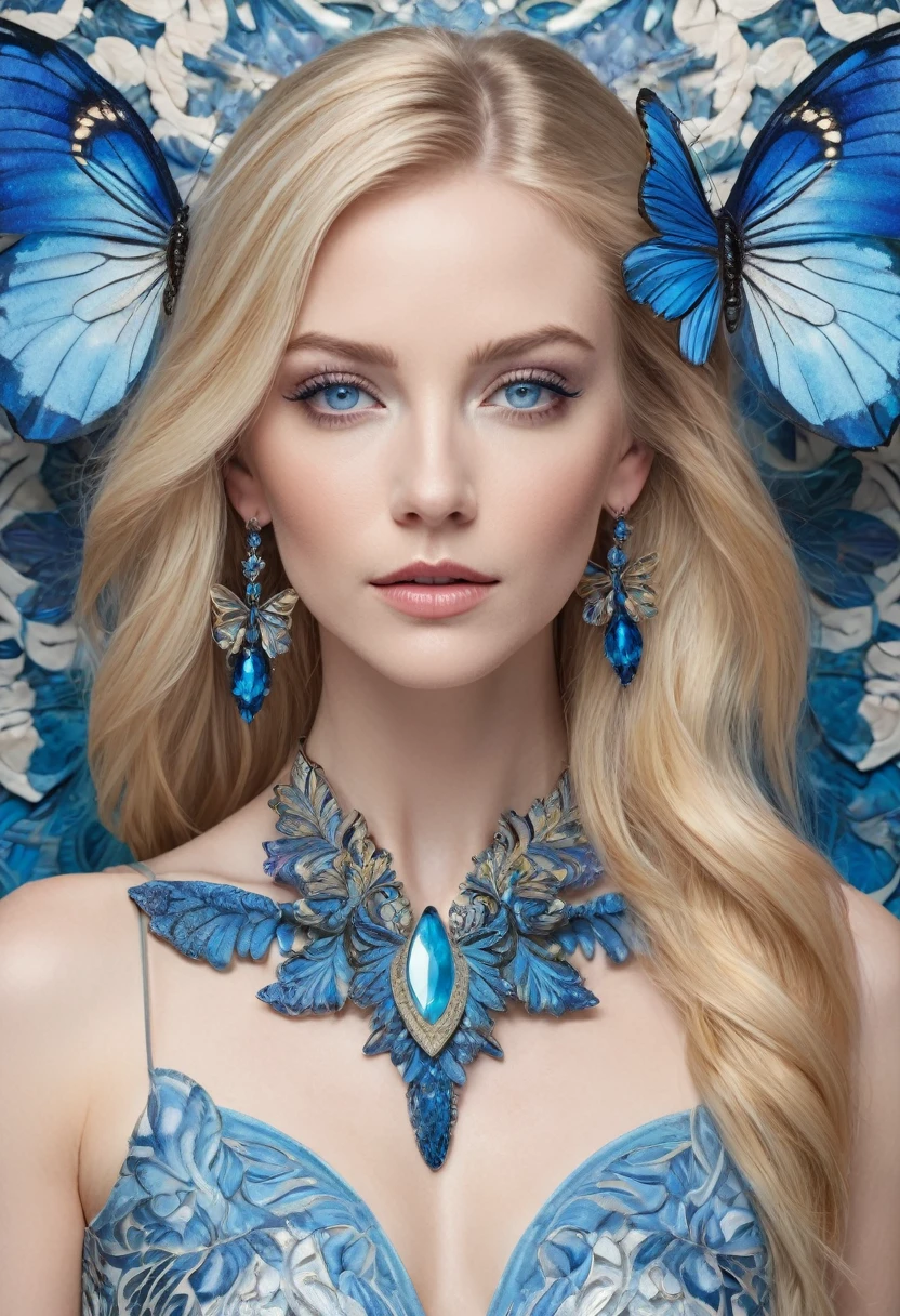 A solitary woman with long blonde hair and captivating blue eyes gazes confidently at the viewer, her arms behind her head as she stands in front of a wall covered in intricate butterfly designs. Her lips are closed in a serene expression as she wears a pair of dazzling earrings, adding a touch of glamour to her look. With a slight tilt of her head, she reveals a small bug crawling on her shoulder, adding an unexpected element to the scene.