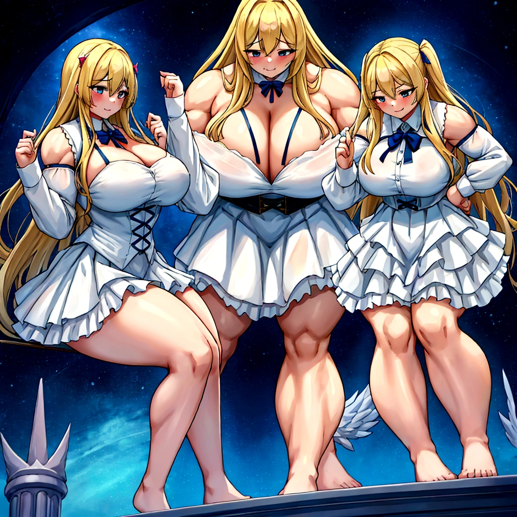 {{full body}},{1girl},{{sitting}},wariza,looking down,from below,{upskirt},dynamic angle, dynamic cut,naughty smile,macrophilia,{white wings},{angel},{{very muscular}},{{hyper muscle}},{very curvy},{very big woman},{very gigantic woman},{very strong woman},{very tall woman},{very long legs},{very gigantic breasts},{very big breasts},{two side up},{very grown-up body},{adult woman},blonde hair,barefoot,cute dress shirt frills ribbon split corset skirt,best quality,masterpiece,white background,