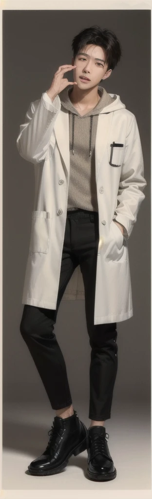 (photorealistic:1.2), (high detail face:1.3), (high detail hands:1.3), (anatomically correct hands:1.2), handsome young asian man, Japanese idol style, short clean-cut hair, ((center part)), (crisp white lab coat:1.3), ((black hoodie underneath:1.2)), (black pants:1.2), (black shoes:1.2), (playful expression:1.2), ((hands grasping cheeks as if holding a burger:1.4)), (fingers spread wide:1.2), (palms pressing against face:1.2), plain white background, mid-shot portrait, high quality, detailed, 8K, (realistic skin texture:1.2), (sharp focus:1.1), (contrast between white coat and black clothing:1.2)