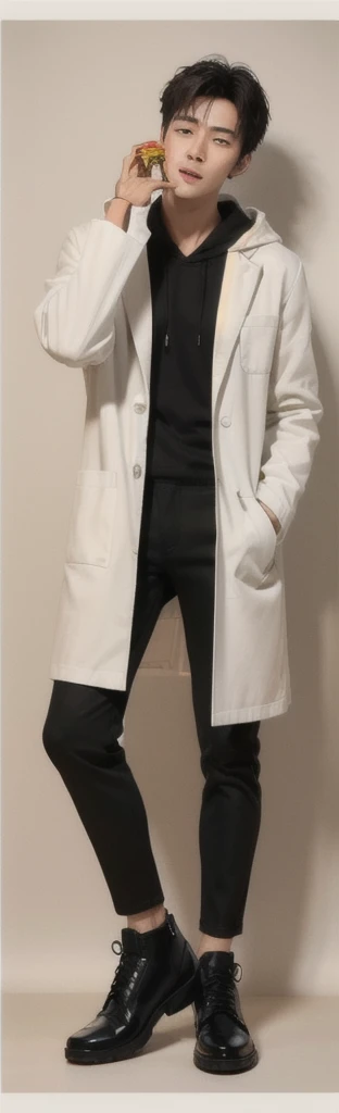 (photorealistic:1.2), (high detail face:1.3), (high detail hands:1.3), (anatomically correct hands:1.2), handsome young asian man, Japanese idol style, short clean-cut hair, ((center part)), (crisp white lab coat:1.3), ((black hoodie underneath:1.2)), (black pants:1.2), (black shoes:1.2), (playful expression:1.2), ((hands grasping cheeks as if holding a burger:1.4)), (fingers spread wide:1.2), (palms pressing against face:1.2), plain white background, mid-shot portrait, high quality, detailed, 8K, (realistic skin texture:1.2), (sharp focus:1.1), (contrast between white coat and black clothing:1.2)