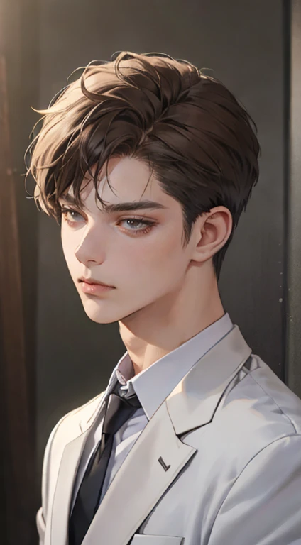 masutepiece, Best Quality, Realistic, 1man, matured male, Quiet and charming young man, 25 years old, closing eye, Serious look, extra detailed face, ((dark grey eyes)), ((Short right sweep dark brown hair)), [Thick eyebrows], detective, Plain background, ((Suit)), Cinematic lighting, gaze at the audience, Postural dynamics