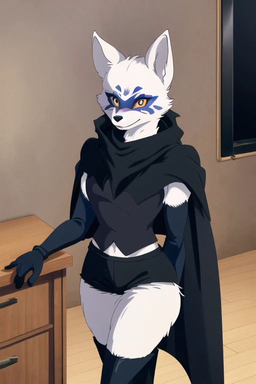 Alopex, arctic fox, furry, blue marks face, tmnt, smile, orange eyes, girl1, solo, black cape, gloves, black shirt, black shorts, best quality, masterpiece, room, standing 