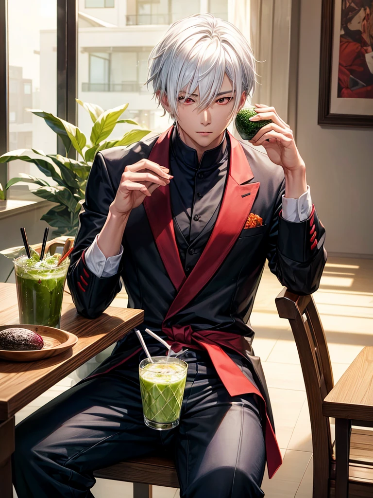 Photo of a handsome Asian man, sitting alone, White hair, red eye, is drinking avocado juice, bar table, fine quality, Good, photos taken by professional photographers