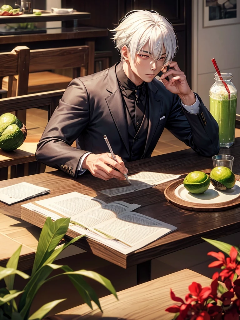 Photo of a handsome Asian man, sitting alone, White hair, red eye, is drinking avocado juice, bar table, fine quality, Good, photos taken by professional photographers