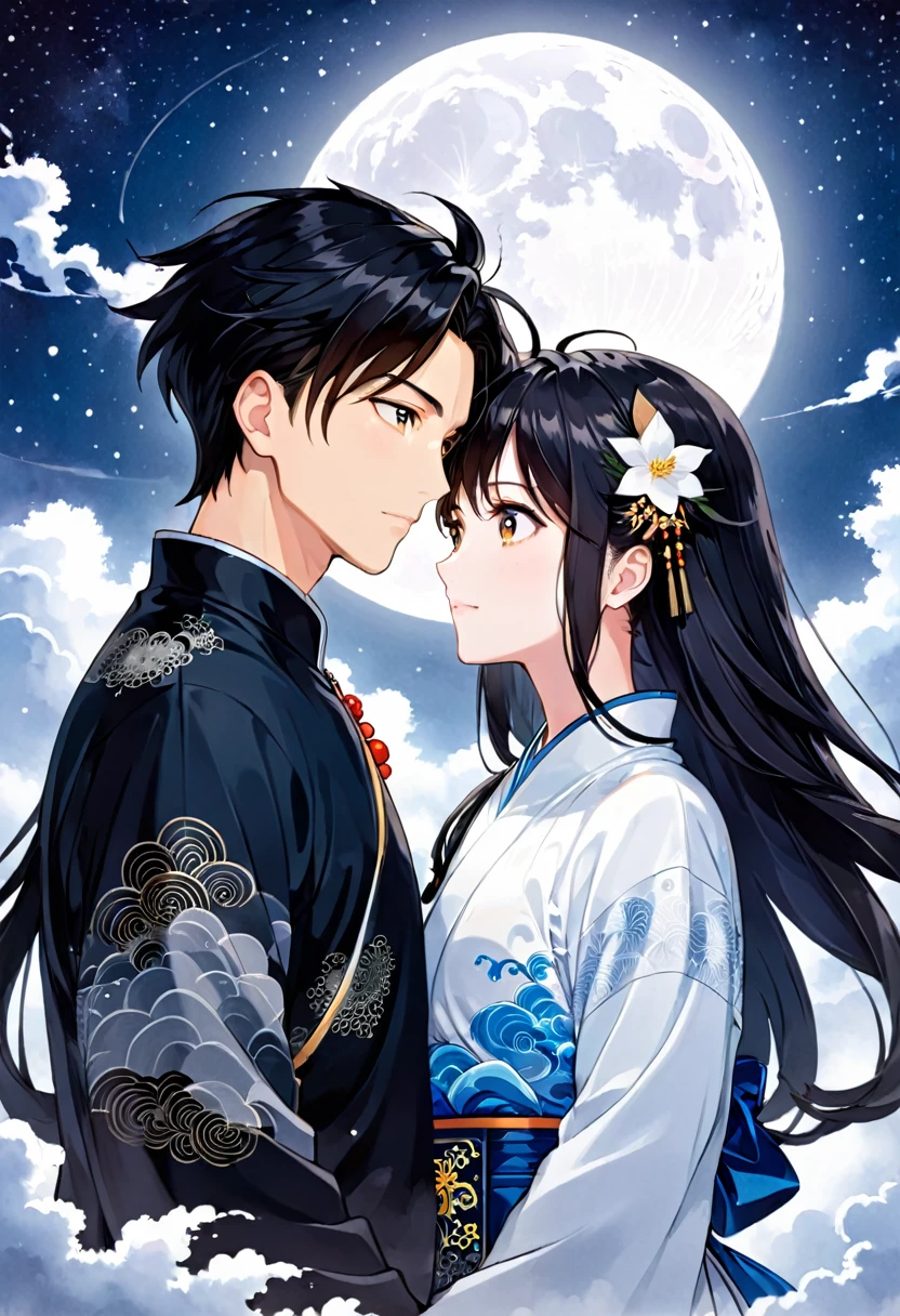 a couple in love under a full moon and starry sky, detailed anime style portrait, ancient chinese ink painting style art, manga cover style, moon behind them, clean and detailed anime style, guys, digital anime illustration, detailed and clean anime art, detailed manga style, illustration anime, anime style illustration, 4k anime style, detailed digital anime art