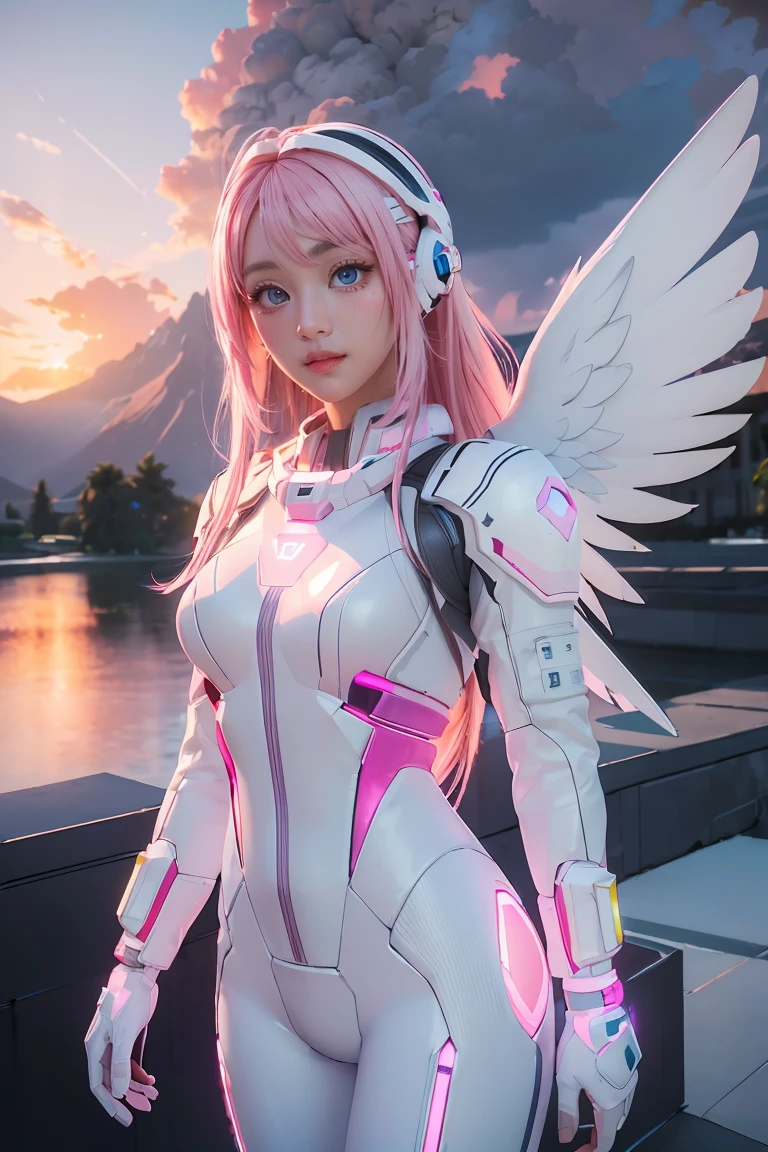 ((masterpiece, best quality, extremely detailed), volumetric lighting, ambient occlusion, colorful, glowing),
1girl, solo, young girl, (pink hair), long hair, halo, aura, sacred, godness, cyber suit, (white outfit:1.3), android, bot, angel wings,
outdoors, sunset, sky, clouds, space, (The Sims theme:1.2),