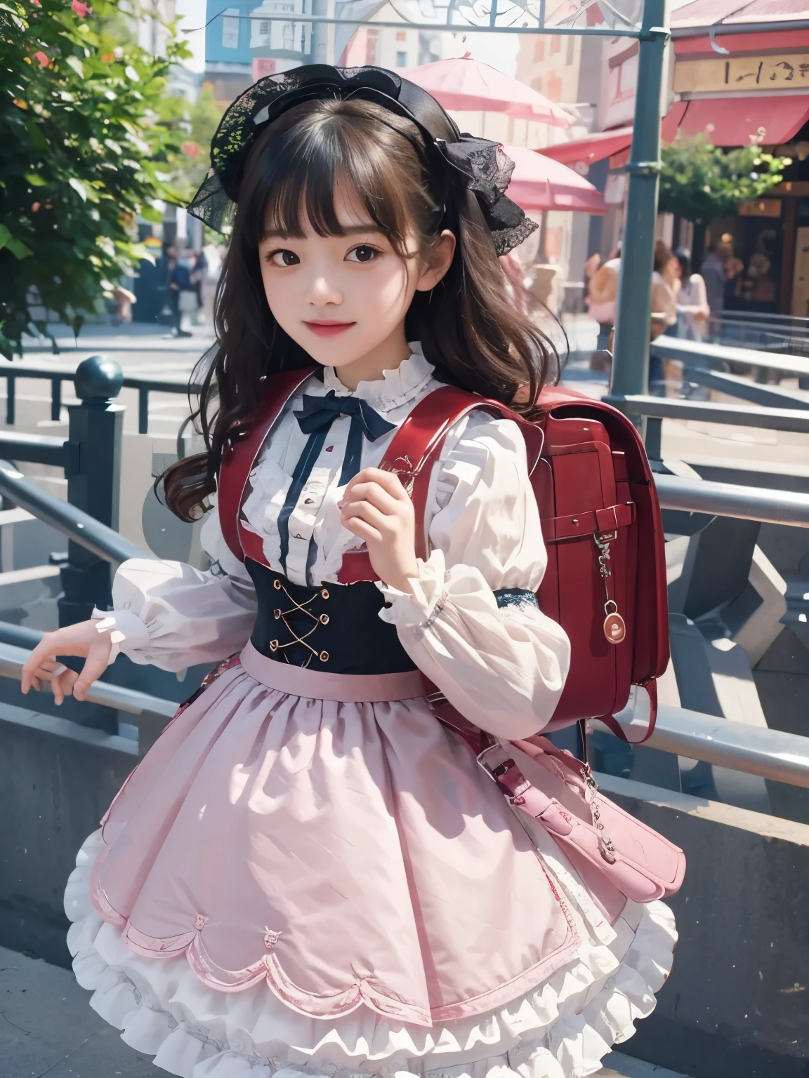best quality, masterpiece, lifelike, 1 girl, alone, eternal, black hair, long curly hair, blunt bangs, Smile, pink skirt, pink lolita dress, layered skirt,idol dress, Lolita style long skirt,Layered DressLace-trimmed Skirt, decorate, lace, long sleeve, puff sleeves, wide sleeves, Transparent sleeves, hair accessories, In the flower garden, flower, Detailed background, delicate face,pink blush,white,knee socks, Pink shoes,tutu,Lots of lace,((masterpiece))、(top quality)、8K、high detail、Super detailed、 night、21 year old woman,Wearing pink lolita dress((dreamy atmosphere:1.1))、Seductive and whimsical style、masterpiece、born、Scenes resembling fairy tale illustrations、Intricate details showcase the ruffles and intricate design of the Lolita dress、Beautifully、magic、capricious、 Beautifully、dream aesthetics、「𝓡𝓸𝓶𝓪𝓷𝓽𝓲𝓬、ethereal、charming、fickle、magic」、Realism、Visual effects、、high resolution、ultra high definition、Megapixel、(8K resolution:1.10)、8K、8K less、8K resolution、high detail、intricate details、A look of surprise and awe on her face、 (high quality:1.2、masterpiece:1.2、.21)、(21 year old female.21)、(smile excitedly)、(Surrounded by the dreamy atmosphere of an amusement park)、pink lolita dress、Her eyes were full of surprise and joy、Shooting at many geeks、、High heel、slime、A slender one、wearing randoseru backpack, (backpack:1.2)