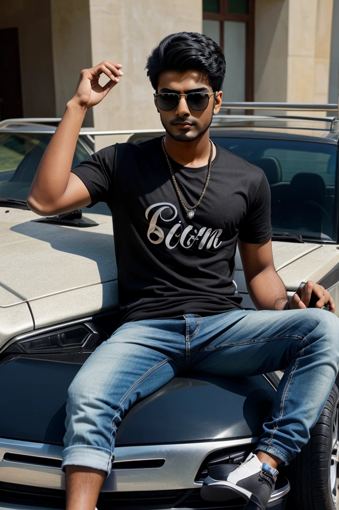 Create realistic photo of a 21 year old indian boy wearing sunglasses, boy is wearing fancy and good looking clocthes, on his t-shirt "Karan" name is written, boy is sitting on his Black Scorpio car, Car has number plat no. "IND 001", hyper realistic 3d photo