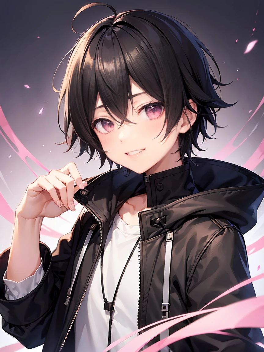 Short black hair、Pink eyes、Shota、male:1.5、solo、jet black duffle coat、Black clothing、Wicked Smile、Black trousers