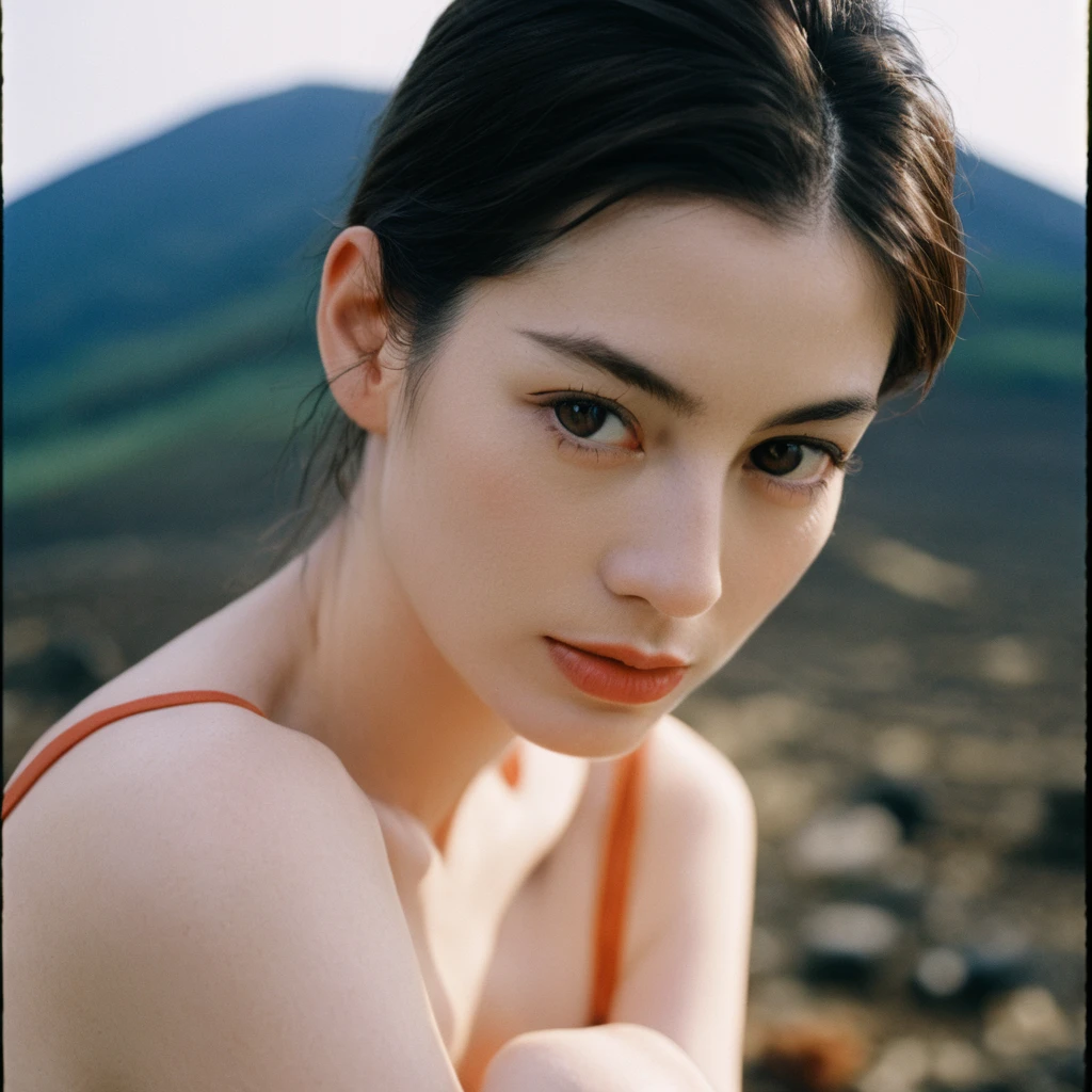 Close up portrait of a beautiful face Japanese girls on ‘volcano’ still from the film, ((solo)), (Anne Hathaway look alike face: 1.1), Leica SL3, Summicron-SL 75 f/2 ASPH, kodak gold 200 film, bare shoulder, dynamic action pose,