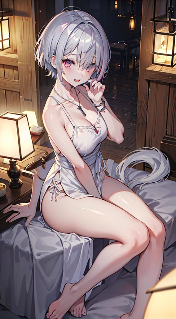 (Highest quality、High resolution、8K、masterpiece:1.2)。Look away、Cross-eyed、Open your mouth、Pink Eyes、Silver Hair、Heart shaped pupil、teeth、tongue、tongueを出す、（Original Character, (1 Girl)、Perfect Face、((short hair:1.2))、(Hair above one eye:1.3)、[[Disheveled Hair]]、Colorful Hair、Detailed eyes that shine、Light and shadow、Glowing Skin、 (Curvy but slim), ((High angle shot))、Sexy look、Use something sexy、（background：An all-natural hotel、Straw bed）Full body、bracelet、necklace、Wild child、Primitive style、Disheveled clothes、sunglasses、Follow the Silver Wolf、Tarzan、