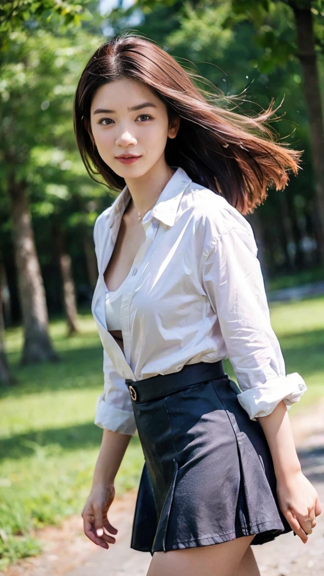 ((Extremely precise and accurate anatomy)), (((Low angle shooting、Looking into the camera:1.22,Leaning forward、Open shirt、No underwear)))、(((8K、Highest quality、masterpiece、Ultra-high resolution)))、(Realistic:1.4)、RAW Photos、(Real skin texture:1.3)、(Film Grain:1.1)、((Are standing、Skirt flutters in strong winds、Under the skirt、Do not bend your legs、don&#39;t bend your knees、Spread your thighs、Beachside、))、One Girl、Beautiful and detailed eyes and face、masterpiece、Highest quality、close、thin、Japanese Uniform、dynamic、barefoot、Various poses、