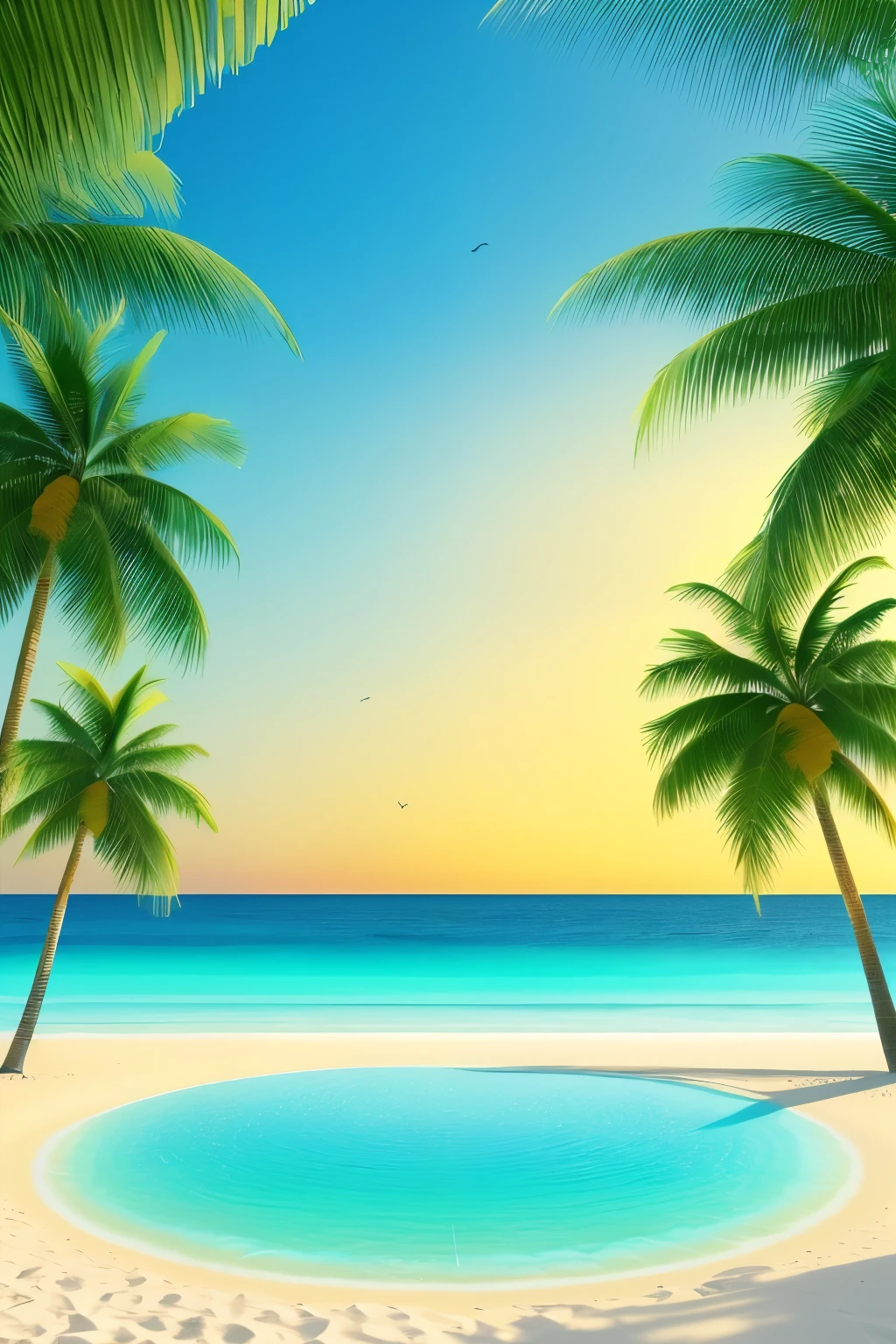 Create a captivating logo with a vibrant island and beach design, showcasing the best quality and ultra-high resolution (2.0). The image features a serene tropical island surrounded by crystal-clear turquoise waters, with soft sandy beaches and lush palm trees swaying in the gentle breeze. The realistic details of the palm leaves, sun-kissed sand, and rippling waves are accentuated by a subtle film grain effect (1.2), giving the logo an authentic, vintage feel. The centerpiece of the logo is a well-defined island silhouette, complete with a quaint lighthouse and palm-fringed shoreline. The overall design is a digital masterpiece
