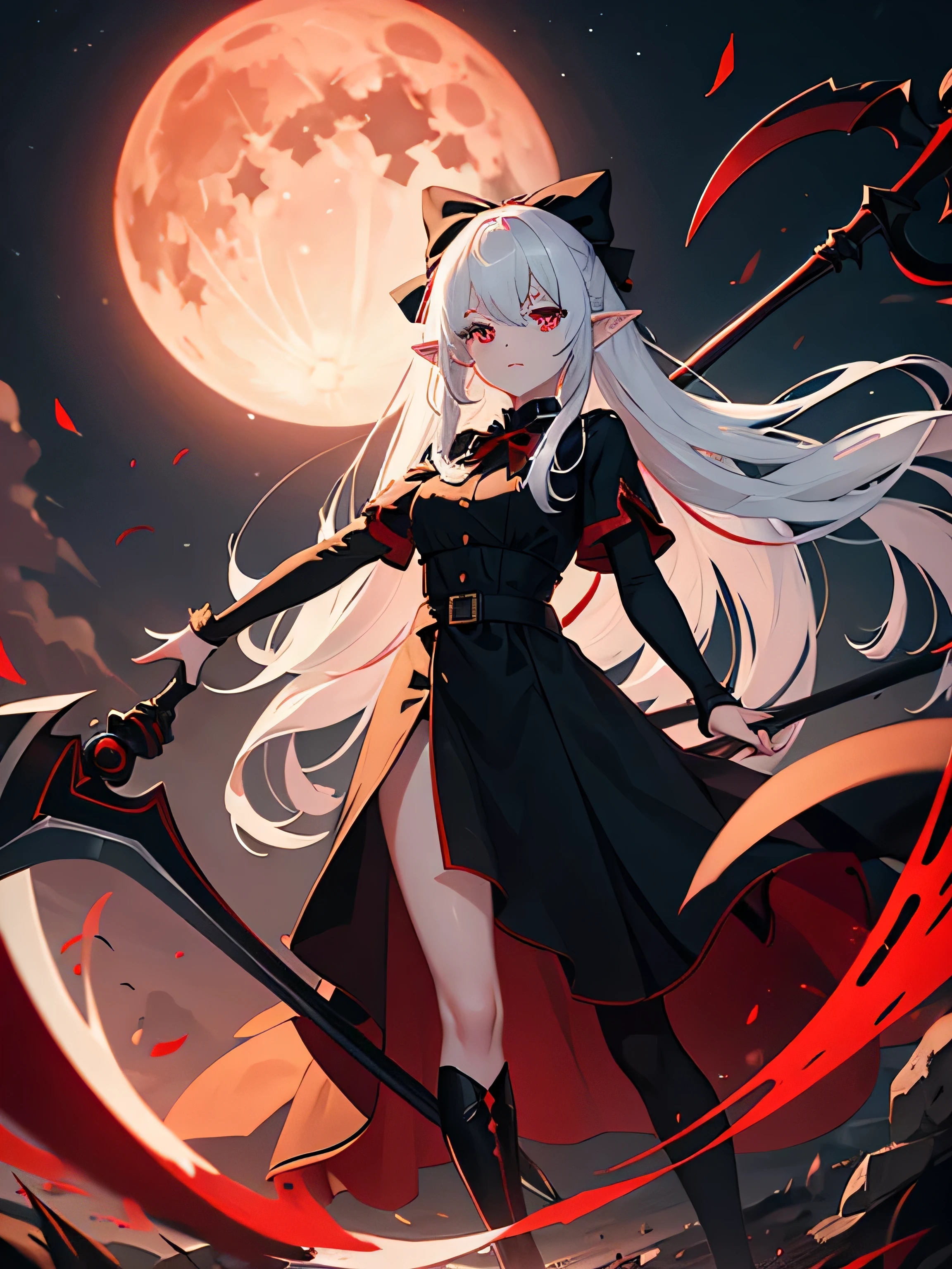 1 Girl Elf, black dress, red stockings, red eyes, white hair with bow, with a huge scythe, against the backdrop of the red moon, night, looking at viewer, 8k, masterpiece, high res, ultrasharp