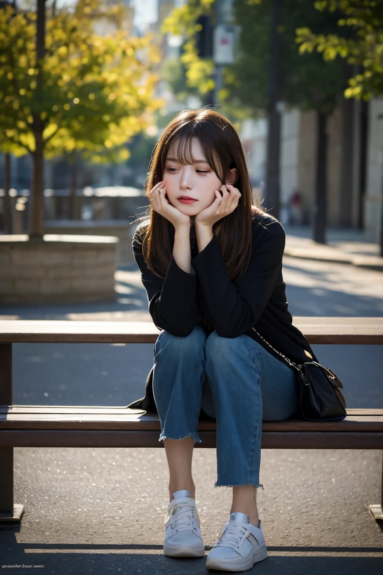 trip ,Depressed woman sitting on a bench,Are crying, Highest quality, shape, Very detailed, In detail, High resolution, 8k wallpaper, Perfect dynamic composition, Full Body Shot
