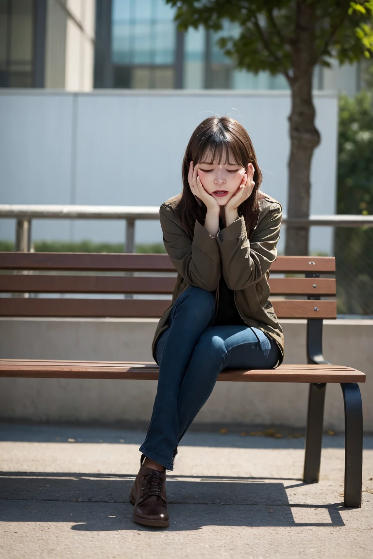 trip ,Depressed woman sitting on a bench,Are crying, Highest quality, shape, Very detailed, In detail, High resolution, 8k wallpaper, Perfect dynamic composition, Full Body Shot