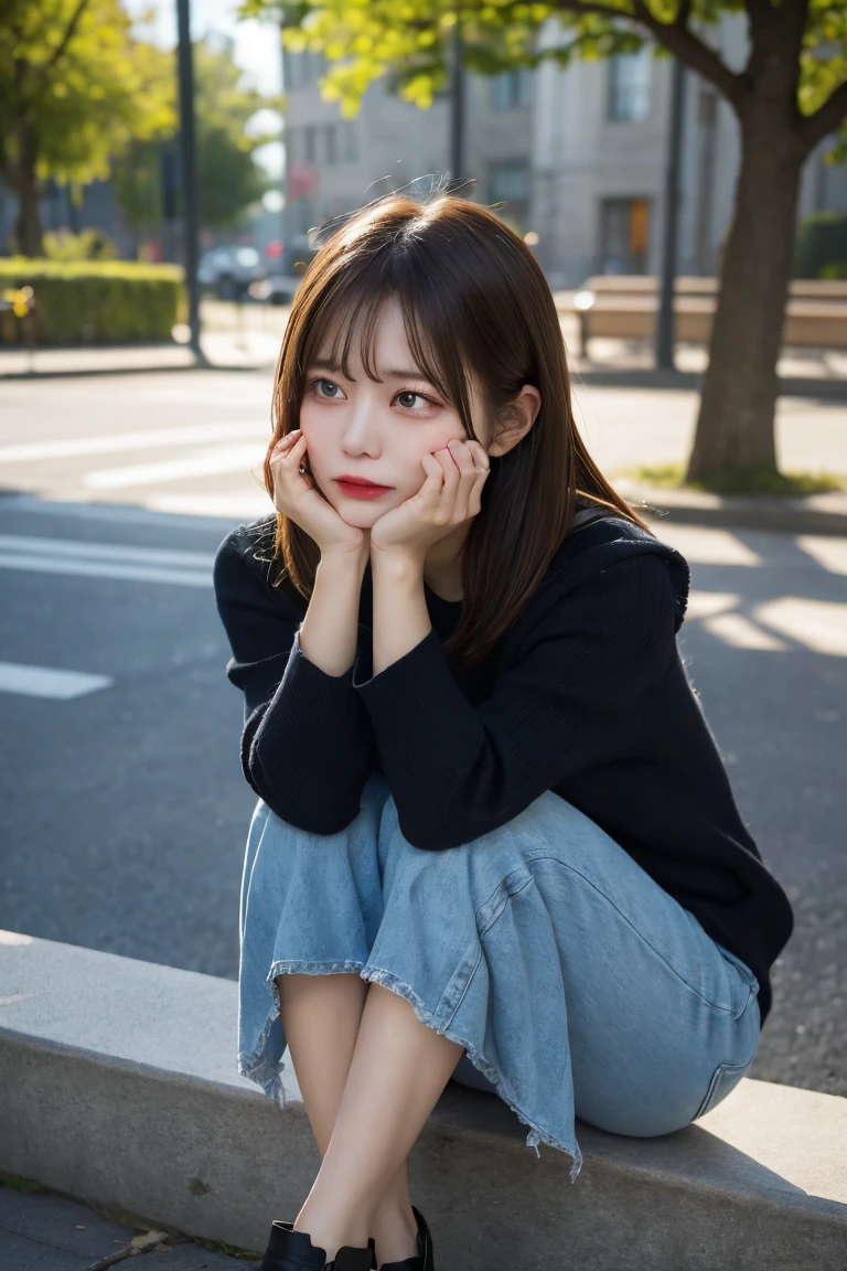 trip ,Depressed woman sitting on a bench,Are crying, Highest quality, shape, Very detailed, In detail, High resolution, 8k wallpaper, Perfect dynamic composition, Full Body Shot