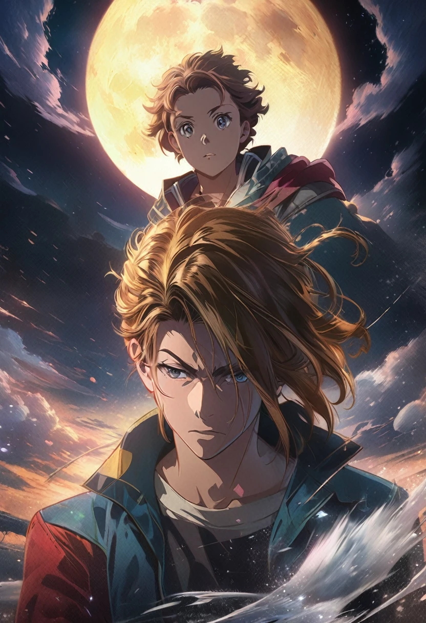 anime couple in front of full moon and stars, 4k anime wallpaper, anime style portrait, artgerm style artwork, manga cover style, moon behind him, clean detailed anime style, guys, digital anime illustration, clean detailed anime art, detailed comic book style, illustration animation, anime style illustration, 4k anime style, detailed digital anime art