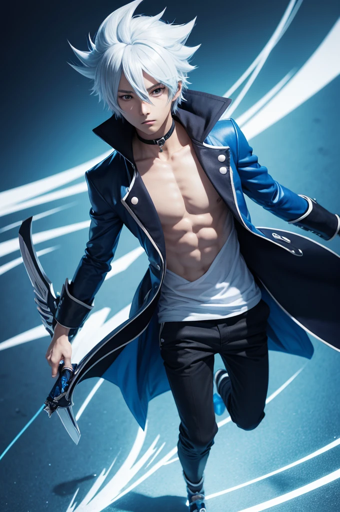 Make a stylish anime character with blue items and a bone in his hand