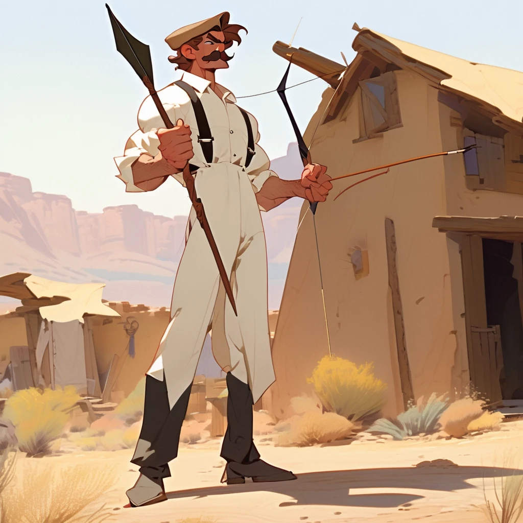 1man, Western, Brown wavy hair, strong Body, white dress shirt with, black suspender,black pants patched, Beret, big franch mustache, Arrogant, young adult, Muscular, full body, Holding a bow and arrow, Farm in the desert, Stable