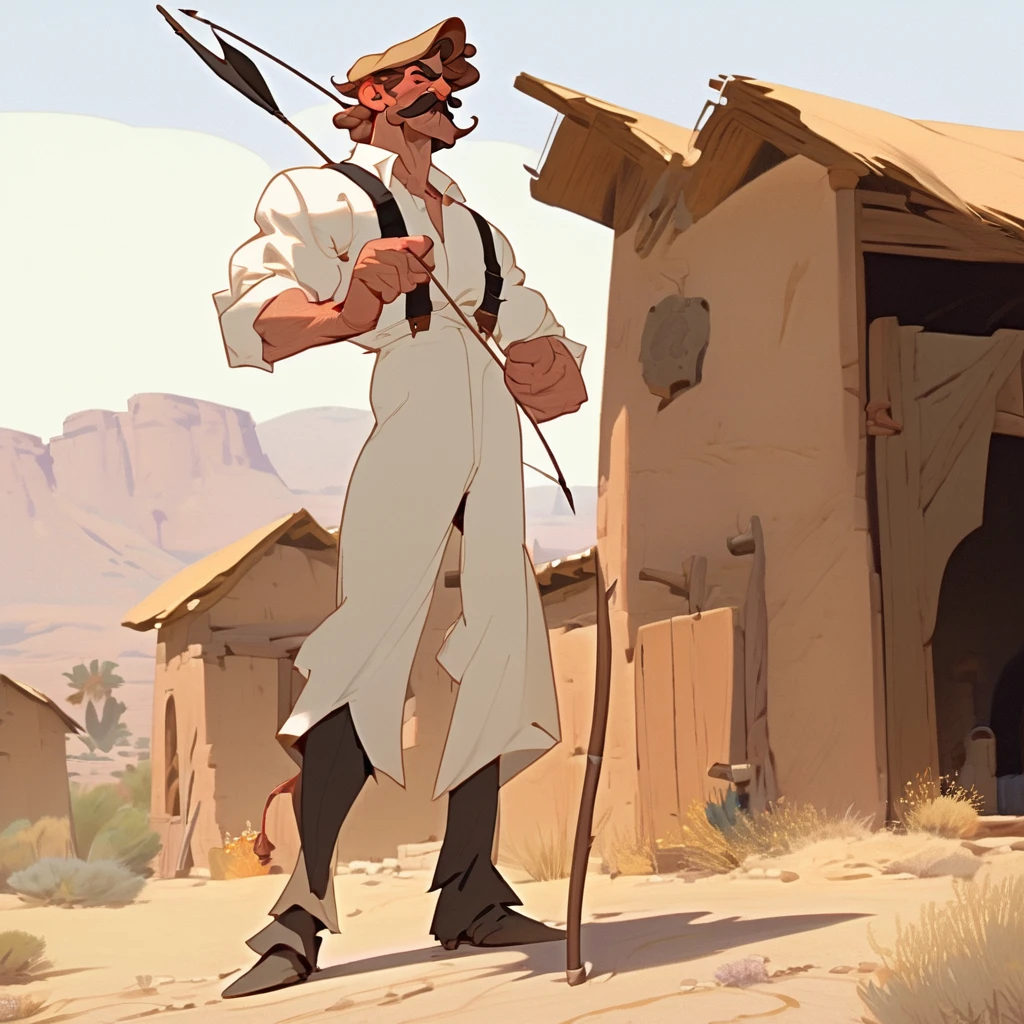1man, Western, Brown wavy hair, strong Body, white dress shirt with, black suspender,black pants patched, Beret, big franch mustache, Arrogant, young adult, Muscular, full body, Holding a bow and arrow, Farm in the desert, Stable