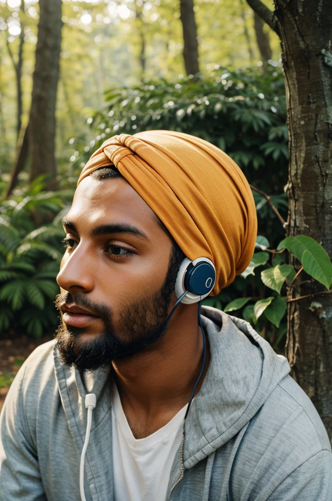 wearing a turban one  boy 30year use headphones relax mode background tree