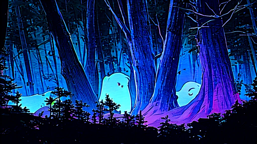 Late night, dark spooky forest, ghost, peeking from behind tree, high quality, high detail, 4k.8k