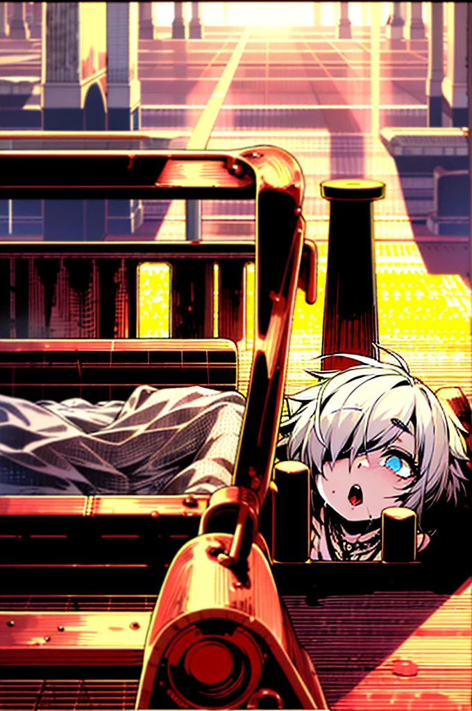 (Highest quality、High resolution、8K、masterpiece:1.2)。Look away、Cross-eyed、Open your mouth、Pink Eyes、Silver Hair、Heart shaped pupil、teeth、tongue、tongueを出す、（Original Character, (1 Girl)、Perfect Face、((short hair:1.2))、(Hair above one eye:1.3)、[[Disheveled Hair]]、Colorful Hair、Detailed eyes that shine、Light and shadow、Glowing Skin、 (Curvy but slim), ((High angle shot))、y look、Use something sexbackground：An all-natural hotel、Straw bed）Full body、bracelet、necklace、Wild child、tive style、Disheveled clothes、sunglasses、Follow the Silver Wolf、Tarzan、