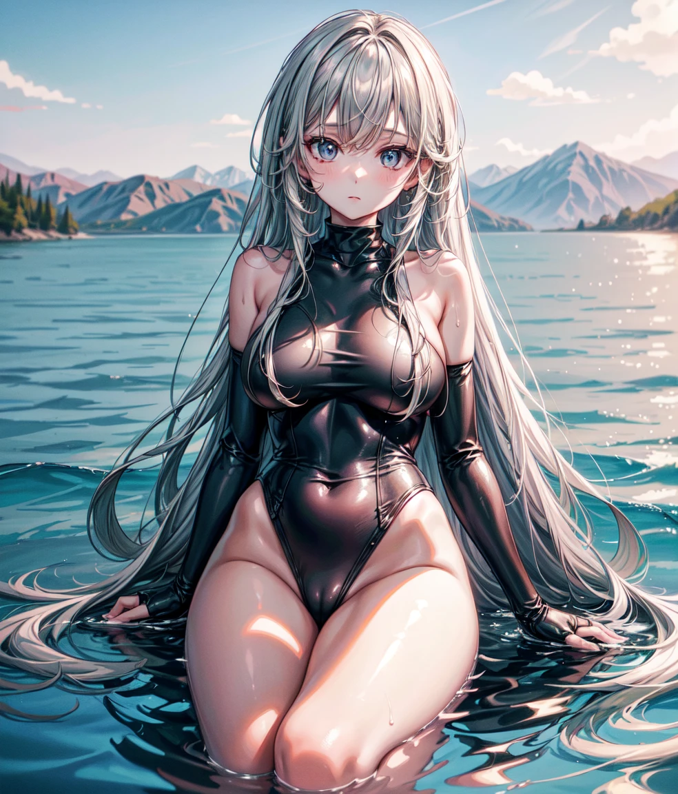 One Girl, Calm expression, Attractive eyes, length, Pale pink straight hair, Sky blue turtleneck swimsuit, calm posture, Porcelain Skin, Subtle blush, (Edge lighting): 1.2, Warm tones, Sunburst, Soft Shadows, Bright colors, Pictorial Effects, BREAK Scenic Lake with a Dreamlike Atmosphere, Distant Mountain々, salsa, Calm sea, reflection, Sunlit clouds, Quiet atmosphere, Idyllic Sunset, Super detailed, Official Art, Unity Wallpaper 8k, Tangled, Mandala