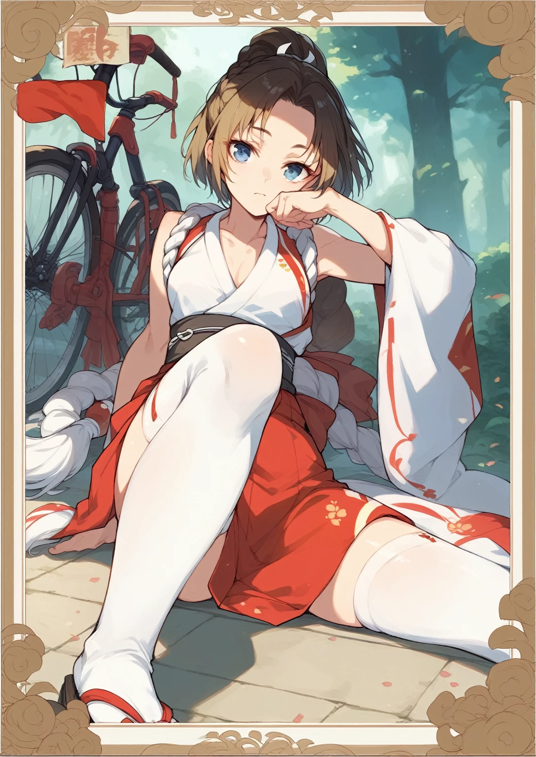 Close-up of a person sitting on the floor on a bicycle,, ikki tousen, Mai Shiranui, shikishi, ,  Blonde hair, forehead bangs, braided short hair, blue eyes, small breasts, angled above waist, 
