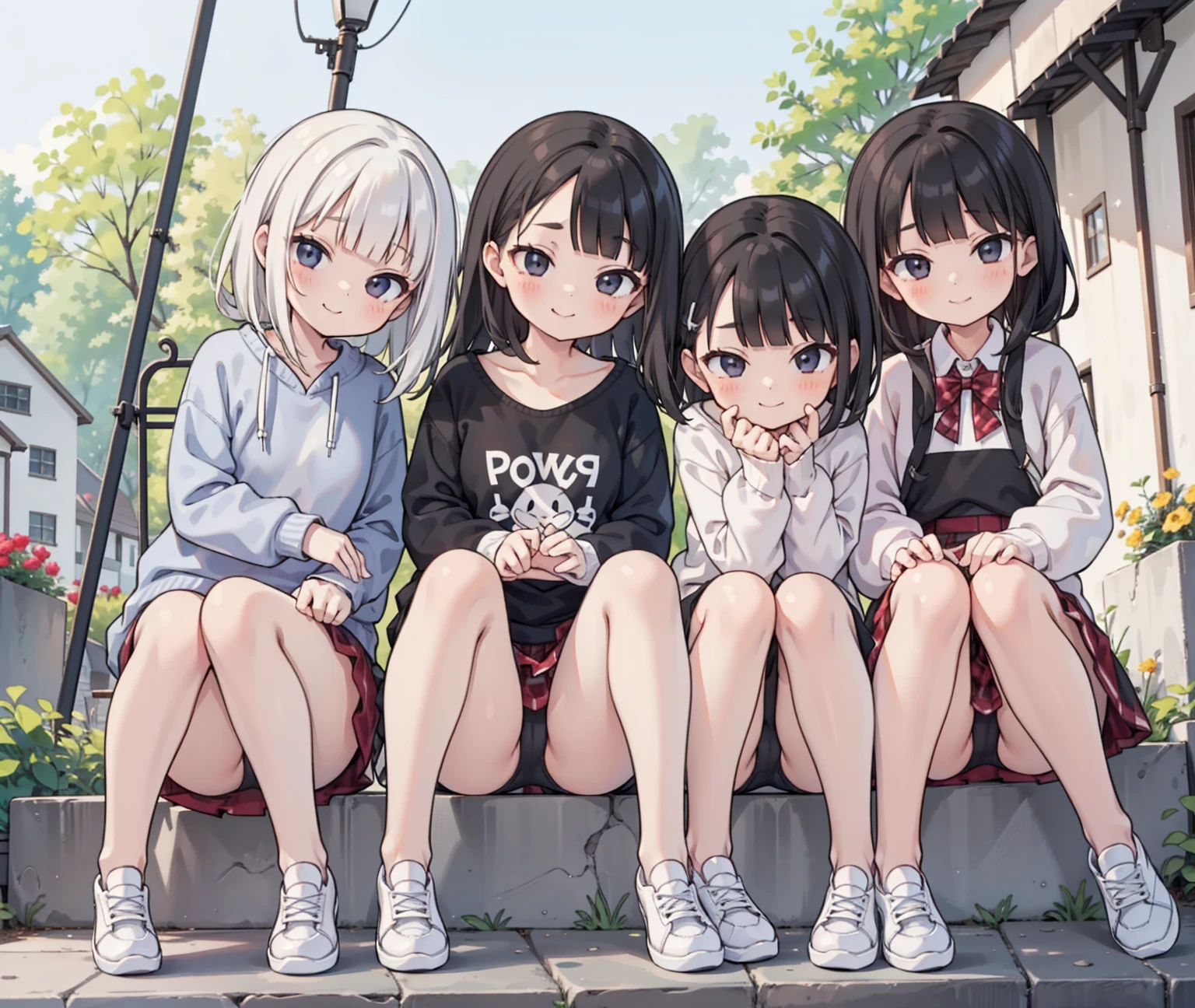 girls were sitting on the stone steps, white pantie、she was wearing a short sweatshirt, Vans sneakers, Red checked skirt、white sneakers, black hair, detached house, flowers,Happy girl with round faceies