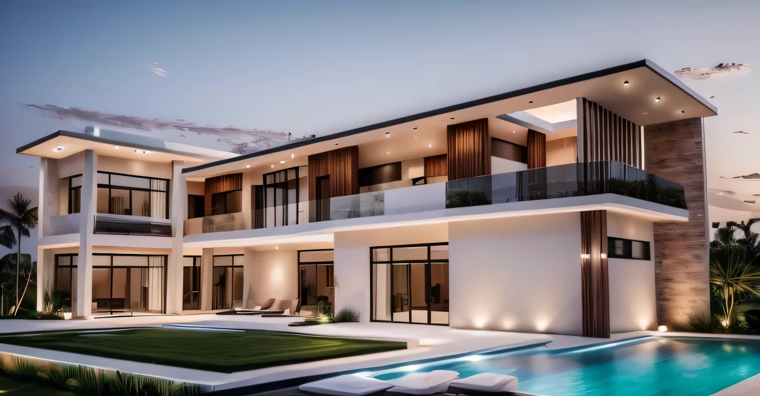 luxurious house ,The architecture features clean lines, expansive glass windows and doors, combination wooden and stone elements, There are TWO levels to the structure, with balconies and terraces enhancing the indoor-outdoor living experience. The setting be tropical, the palm trees surrounding. contemporary architectural design that emphasizes open spaces and integration with nature, modern_VILLA, daytime, day light, (black window), pavement, natural light, realistic, sunset, daylight, blue sky,, masterpiece, (realistic:1.2)