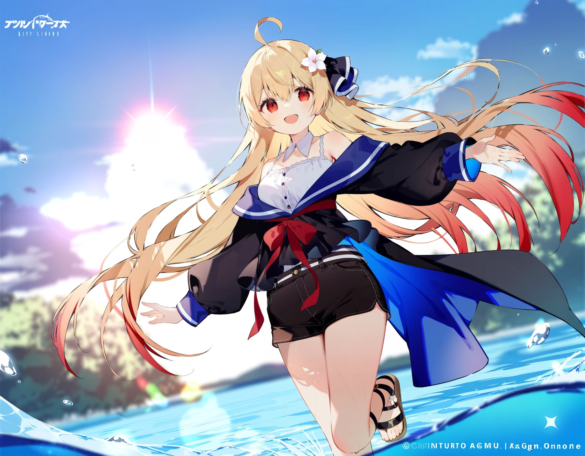 1girl, (by azumi kazuki:1.1), by ciloranko:1.1, (by omone_hokoma_agm:1.1), ((absurdres, official art, masterpiece)), best aesthetic, best quality, ultra detailed, intricate details, new, newest, glossy hair, moist skin, 18 years old, adult woman, medium breasts, blurry background, depth perception, solo, subject focus:1.1, depth perception, empty eyes, red eyes, solo, outdoors, long hair, shorts, water, ahoge, looking at viewer, long sleeves, sunset, standing, bare shoulders, hair ornament, black shorts, sandals, smile, wading, open mouth, sky, standing on one leg, shirt, flower, sun, hair between eyes, short shorts, blonde hair, very long hair, :d, dress, white flower, outstretched arm, cloud, off shoulder, black footwear