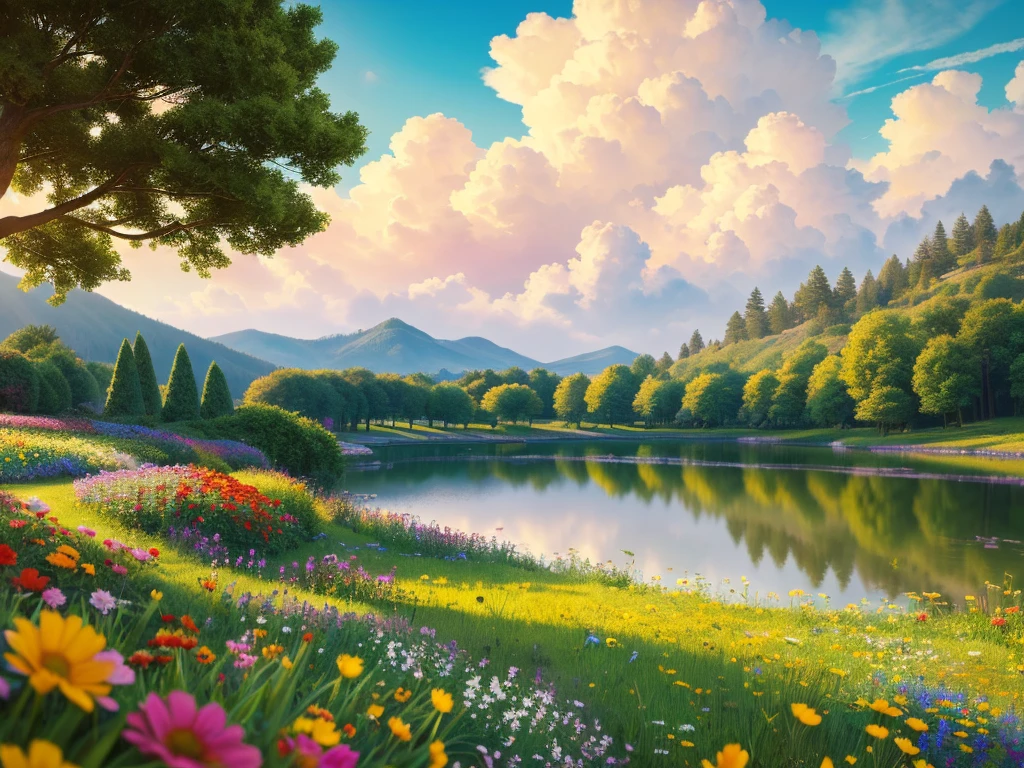 a beautiful field of colorful flowers, fluffy white clouds in a bright blue sky, golden sunlight, detailed petals, vibrant colors, serene landscape, cinematic composition, highly detailed, photorealistic, 8k, (best quality,4k,8k,highres,masterpiece:1.2),ultra-detailed,(realistic,photorealistic,photo-realistic:1.37),HDR,UHD,studio lighting,ultra-fine painting,sharp focus,physically-based rendering,extreme detail description,professional,vivid colors,bokeh,landscape