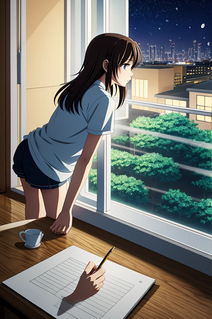 Anime of a student drawing at night while looking out the window