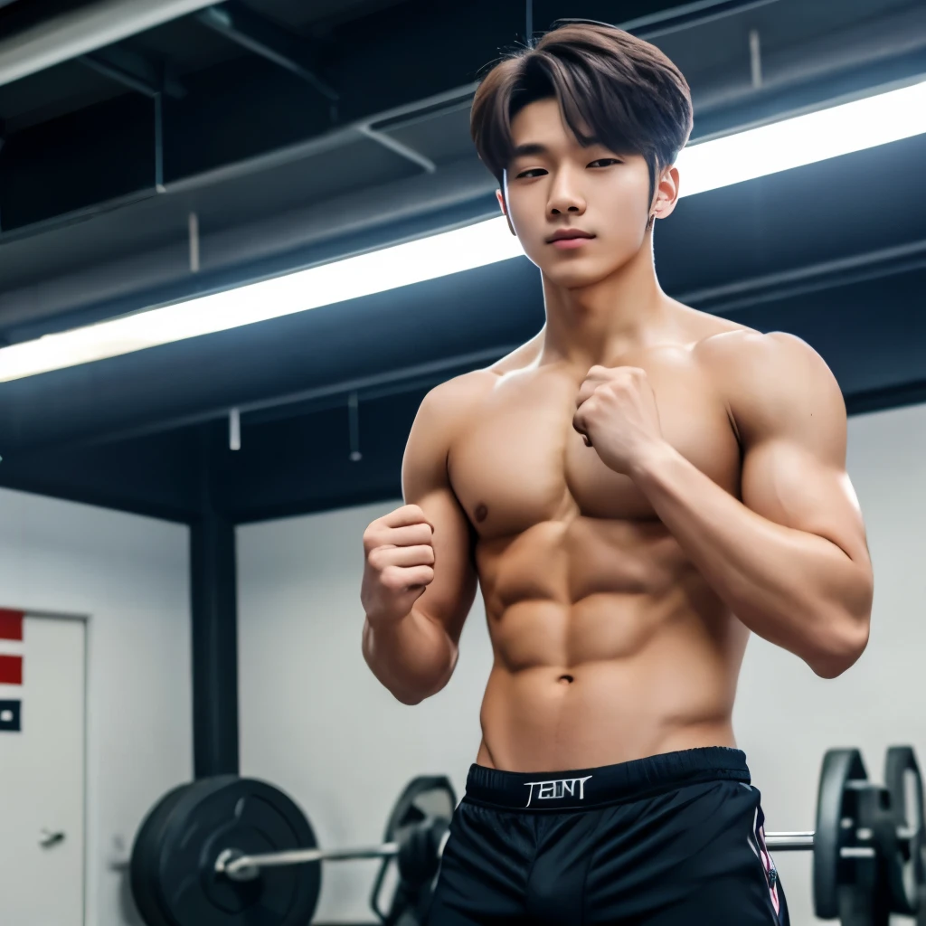 18 year old male korean idol working out in gym with bulge in pants