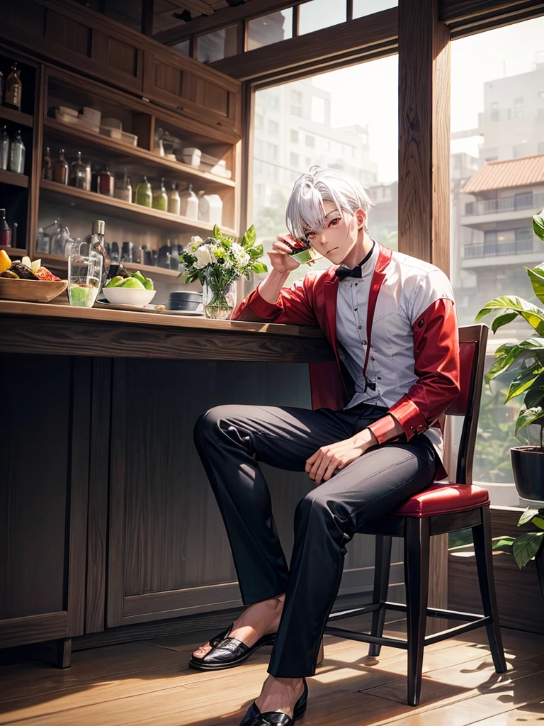 Photo of a handsome Asian man, sitting alone, White hair, red eye, is drinking avocado juice, bar table, wear casual outfits, fine quality, Good, photos taken by professional photographers