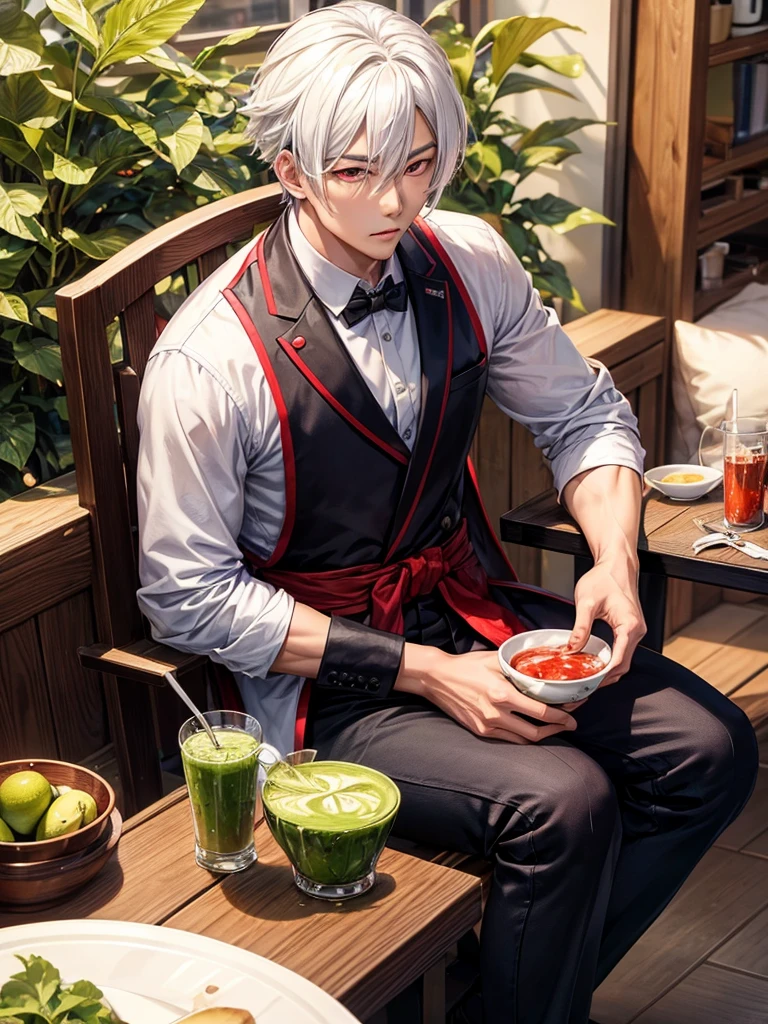 Photo of a handsome Asian man, sitting alone, White hair, red eye, is drinking avocado juice, bar table, wear casual outfits, fine quality, Good, photos taken by professional photographers