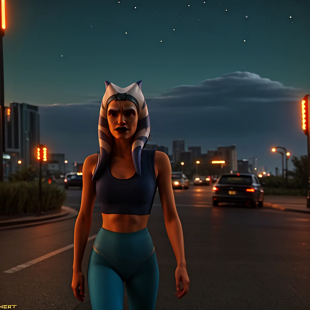 masterpiece, best quality, high quality, extremely detailed 32k unit an enchanting front view, A pretty 40 year old Blonde haired woman, she is standing out side Futuristic Building at night, she is wearing teal leggings and a crop top, her hair is Choppy Bob hair style, she looks beautiful in the glow of the street lights,(best quality ,photorealistic)
