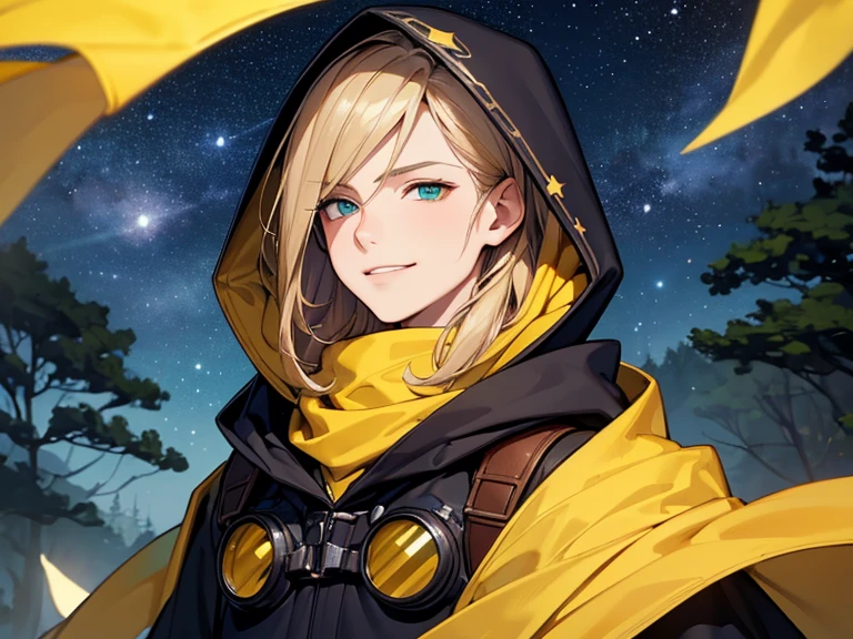 (Super detailed:1.3), ((((best quality)))), ((masterpiece)), male focus, solo, powerful glow, detailed face, detailed eyes, detailed lips,dark forest background,(starry night sky), blue moon,((dirty blonde hair)),shoulder length hair, brown thief attire, (wearing hood:1.43), green eyes, (pale skin:1.2),((smirk)),almond-shaped eyes,very handsome face,close-up shot, depth of field, (yellow scarf),young boy,(teenager),(goggles:1.2)