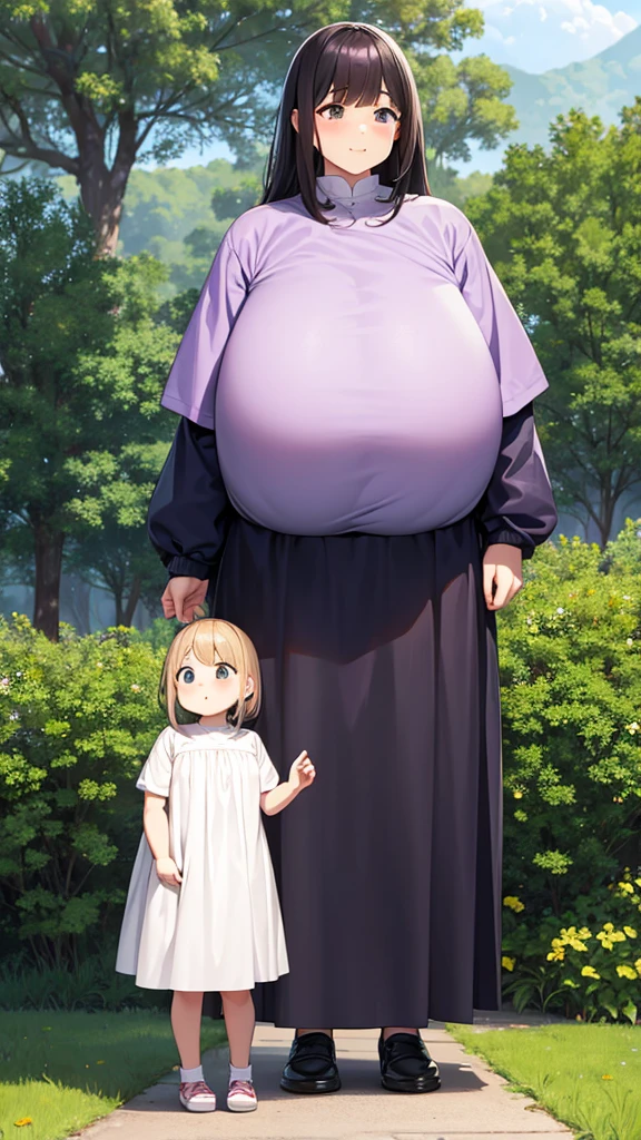 Are fat、tall、woman、whole body、Are standing