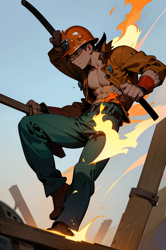 a fireman, shirtless, 79 yrs, holding an ax, behind is fire, wearing fireproof pants, Fireproof boots, Helmet