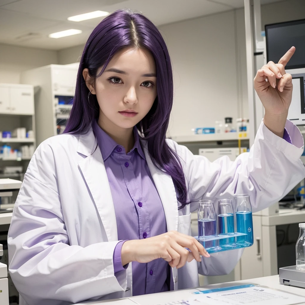 A female scientist wearing a white lab coat with purple hair and a purple shirt. She has a calm and logical expression, with a laboratory background and chemistry equipment arranged on the table.