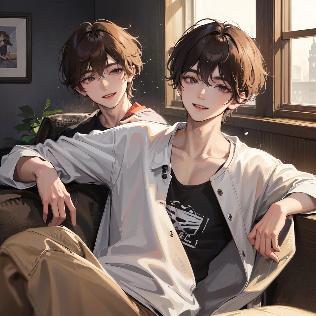 (best quality,4k,8k,highres,masterpiece:1.2),ultra-detailed, (looking at viewer) a young man in casual clothing, 22 years old, smile, indoors next to window, dynamic lighting, detailed, splash colors, close up