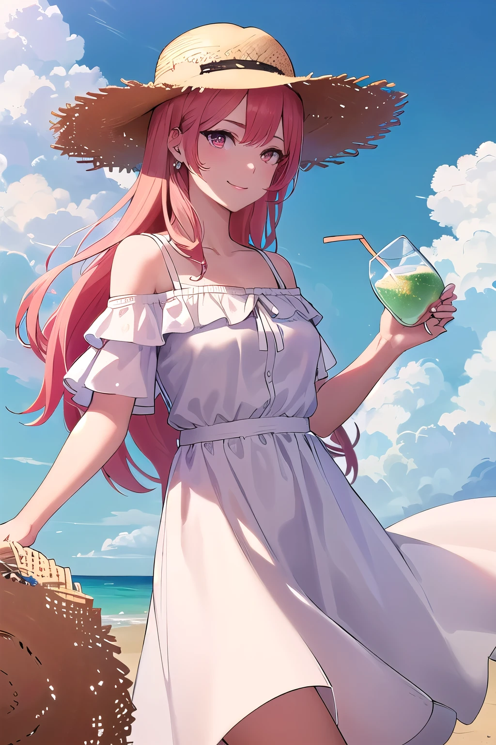 (8K, top-quality, masterpiece:1.2), (reallistic, Photorealsitic:1.37), Super Detail, One girl,), (Highly detailed), (beautifully detailed eyes), (of the highest quality), (super detailed ), (masterpiece), (Detailed face),20yr old, ,1 girl, ((pink hair,long hair)), medium breasts, clothed, Perfect Lighting, BREAK, (white dress:1.5), (long skirt:1.3), (off-shoulder:1.3), (embroidered hem:1.2), (white sandals:1.2), (straw hat:1.5), (white ribbon:1.3), (summer:1.4), (lightweight fabric:1.2), BRAKE, (upper body to thighs:1.2), (long pink hair:1.3), (gentle smile:1.2), (face slightly up:1.2), (holding a straw hat:1.2), (summer sky with cumulus clouds:1.4), (backlit:1.2), BRAKE

